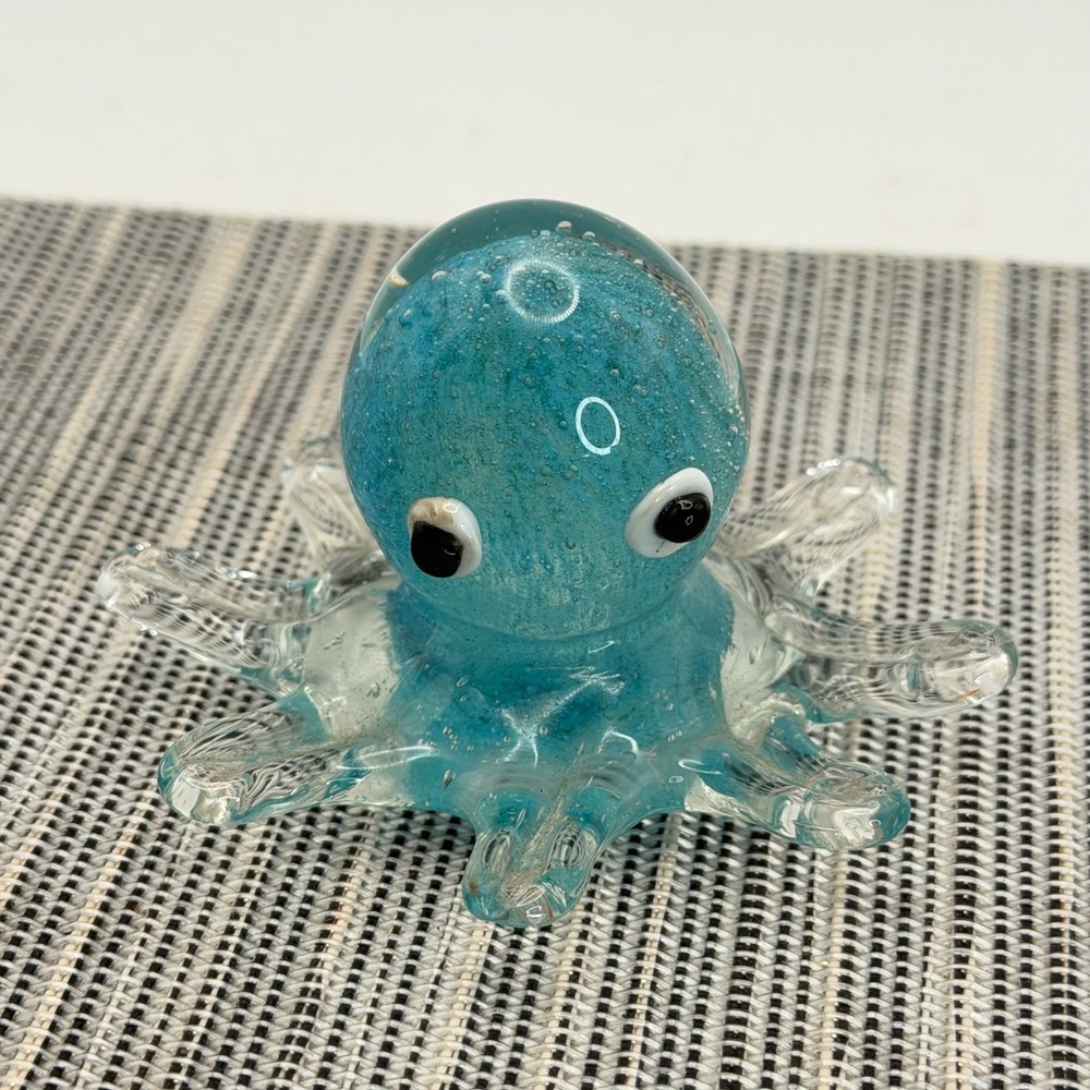 Blue Uranium Glass Octopus Figurine UV Reactive Hand Blown Art Glass Glows Green
